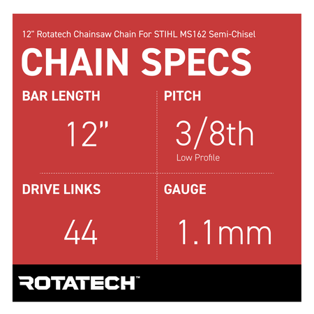 12" Rotatech Chainsaw Chain For STIHL MS162 Semi-Chisel - Chain Specs