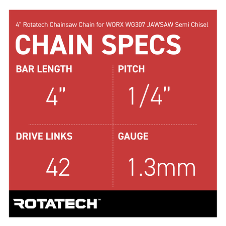 4" Rotatech Chainsaw Chain for WORX WG307 JAWSAW Semi Chisel - Chain Specs
